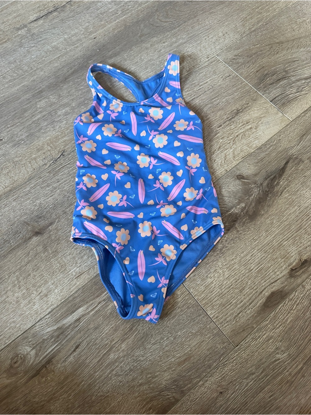 Roxy Girls' Blue One-Piece Swimsuit with Pink Floral & Surfboard Print